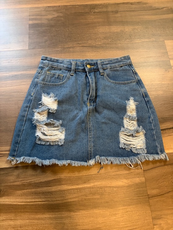 SHEIN Dresses & Skirts - SHEIN Blue Distressed Denim Mini Skirt with Frayed Hem Womens Size Small